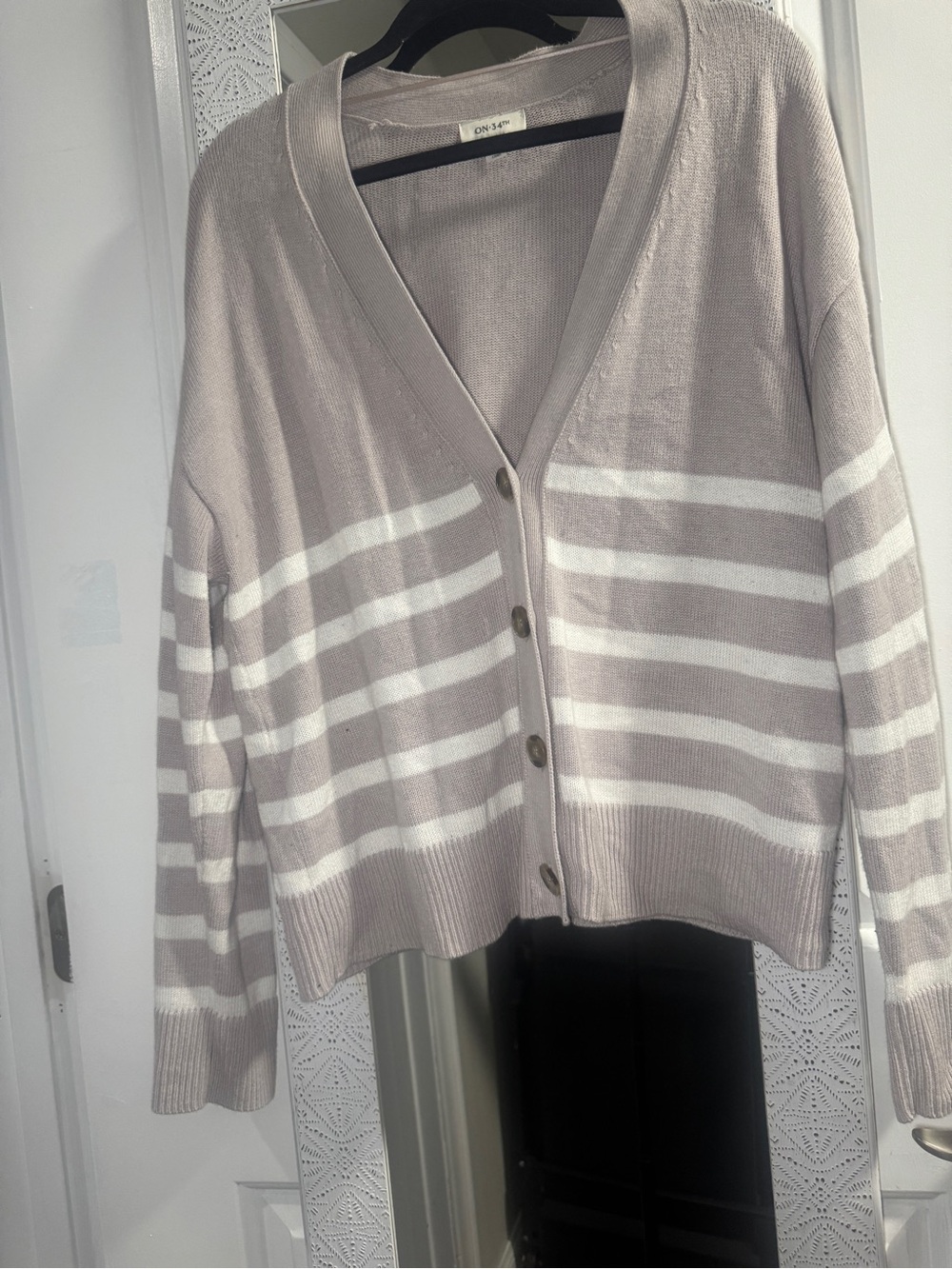 V-Neck Striped Button Cardigan Sweater - - Taupe & White